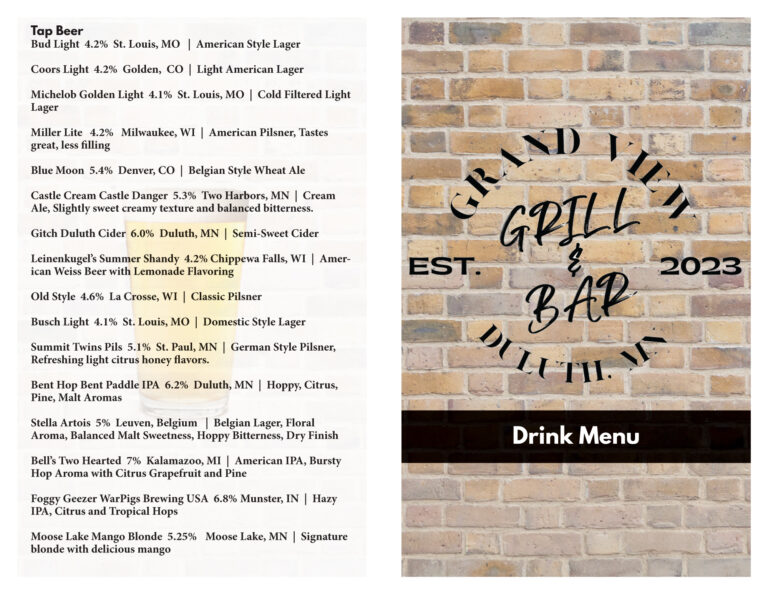 Our Menus Grand View Grill & Bar